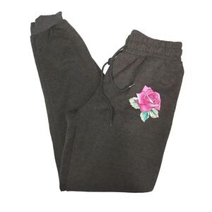 Common Stitch Dark Grey Pink Rosette Print Fleece Jogger Pants Small